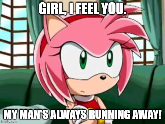 Unamused Amy Rose | GIRL, I FEEL YOU. MY MAN'S ALWAYS RUNNING AWAY! | image tagged in unamused amy rose | made w/ Imgflip meme maker