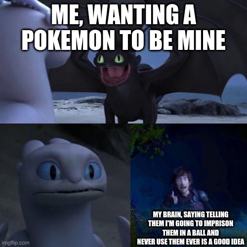 night fury | ME, WANTING A POKEMON TO BE MINE; MY BRAIN, SAYING TELLING THEM I'M GOING TO IMPRISON THEM IN A BALL AND NEVER USE THEM EVER IS A GOOD IDEA | image tagged in night fury | made w/ Imgflip meme maker