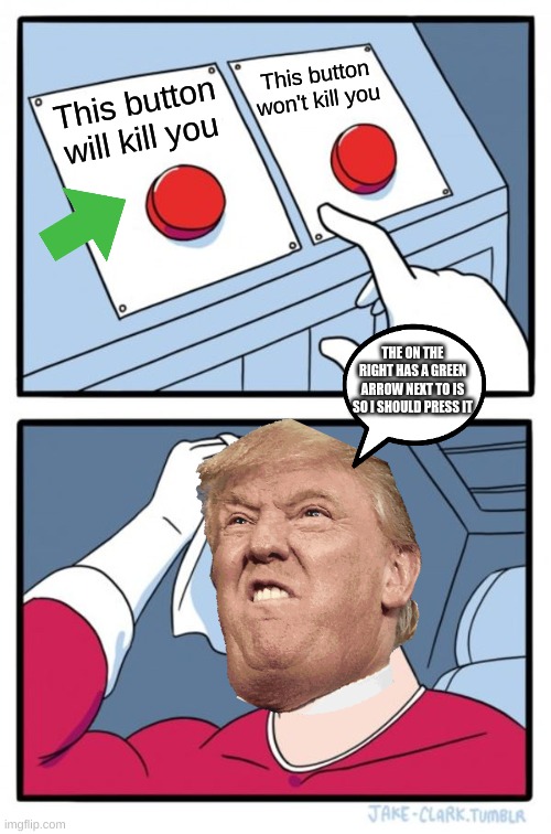 Two Buttons | This button won't kill you; This button will kill you; THE ON THE RIGHT HAS A GREEN ARROW NEXT TO IS SO I SHOULD PRESS IT | image tagged in memes,two buttons | made w/ Imgflip meme maker