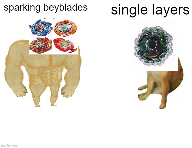 Buff Doge vs. Cheems Meme | sparking beyblades; single layers | image tagged in memes,buff doge vs cheems | made w/ Imgflip meme maker