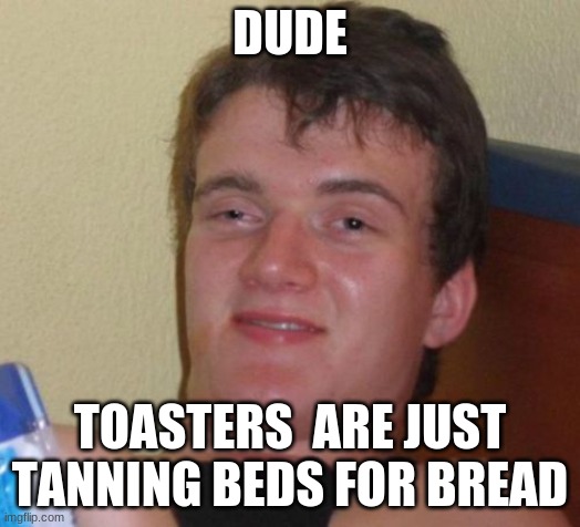 10 Guy Meme | DUDE; TOASTERS  ARE JUST TANNING BEDS FOR BREAD | image tagged in memes,10 guy | made w/ Imgflip meme maker