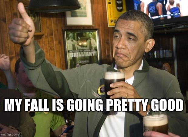 Not Bad |  MY FALL IS GOING PRETTY GOOD | image tagged in not bad | made w/ Imgflip meme maker