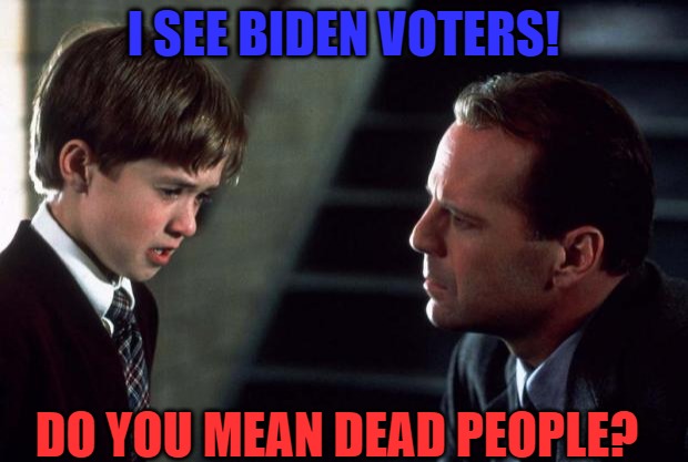 Mystery Votes? | I SEE BIDEN VOTERS! DO YOU MEAN DEAD PEOPLE? | image tagged in the sixth sense,politics,voting,election | made w/ Imgflip meme maker