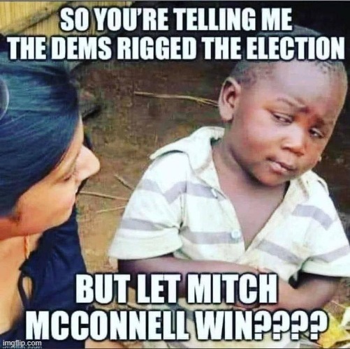 well yah cuz mitch is an even better election rigger hahahahahahah libz self-owned n triggered maga | image tagged in repost,mitch mcconnell,rigged elections,voter fraud,maga,democrats | made w/ Imgflip meme maker