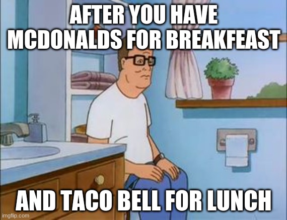 king of the hill bathroom toilet | AFTER YOU HAVE MCDONALDS FOR BREAKFEAST; AND TACO BELL FOR LUNCH | image tagged in king of the hill bathroom toilet | made w/ Imgflip meme maker
