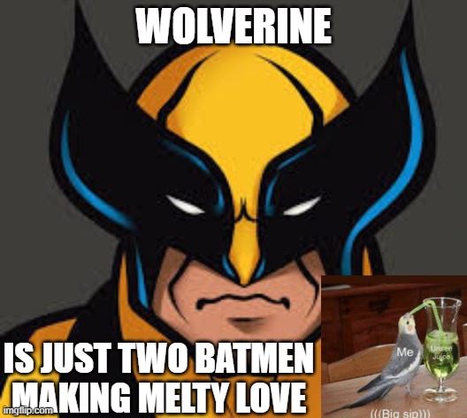 why | WOLVERINE; IS JUST TWO BATMEN MAKING MELTY LOVE | image tagged in sad | made w/ Imgflip meme maker