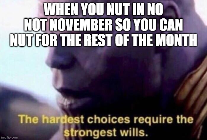 The hardest choices require the strongest wills | WHEN YOU NUT IN NO NOT NOVEMBER SO YOU CAN NUT FOR THE REST OF THE MONTH | image tagged in the hardest choices require the strongest wills,no nut november,thanos | made w/ Imgflip meme maker
