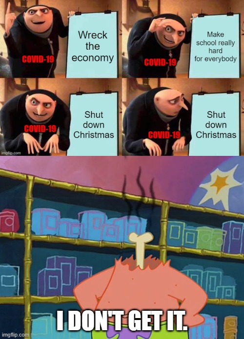 I DON'T GET IT. | image tagged in patrick i dont understand,grus plan,patrick star,grus plan evil | made w/ Imgflip meme maker