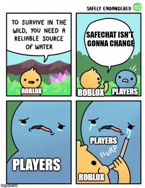 To Survive in the Wild | SAFECHAT ISN'T  GONNA CHANGE; ROBLOX; PLAYERS; ROBLOX; PLAYERS; PLAYERS; ROBLOX | image tagged in to survive in the wild,memes | made w/ Imgflip meme maker