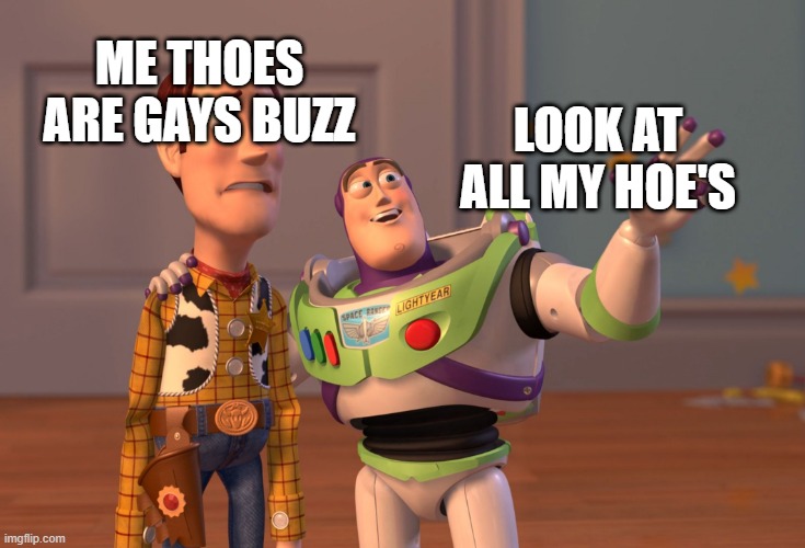 BUZZ | ME THOES ARE GAYS BUZZ; LOOK AT ALL MY HOE'S | image tagged in memes,x x everywhere | made w/ Imgflip meme maker