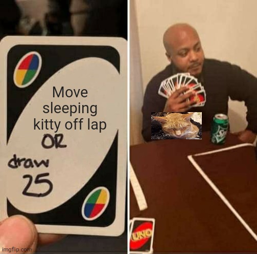 UNO Draw 25 Cards Meme | Move sleeping kitty off lap | image tagged in memes,uno draw 25 cards | made w/ Imgflip meme maker