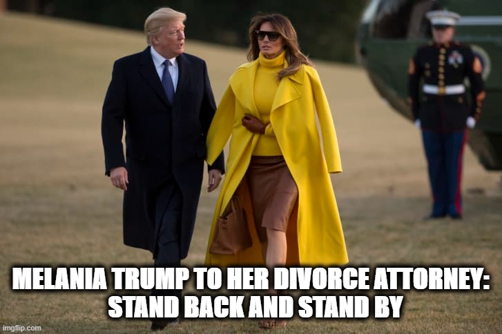 Trump Divorce in Holding Pattern | MELANIA TRUMP TO HER DIVORCE ATTORNEY:
  STAND BACK AND STAND BY | image tagged in trump,melania,divorce,lawyer,attorney | made w/ Imgflip meme maker