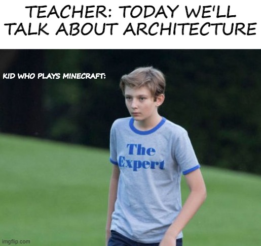 The Expert | TEACHER: TODAY WE'LL TALK ABOUT ARCHITECTURE; KID WHO PLAYS MINECRAFT: | image tagged in the expert | made w/ Imgflip meme maker