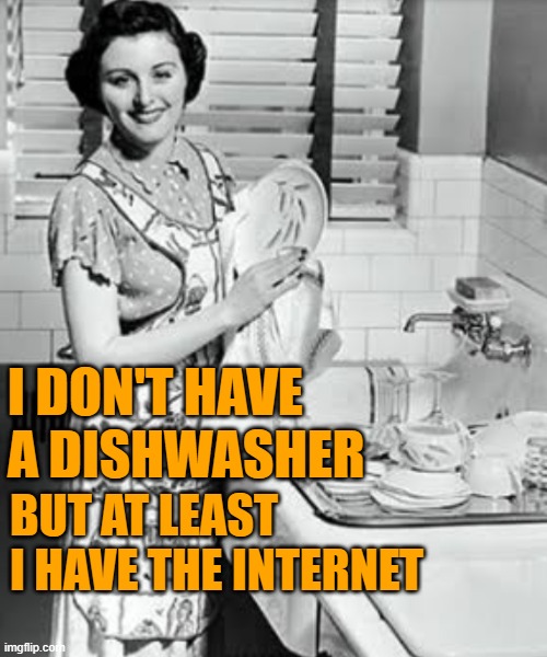 Internet Joy | I DON'T HAVE A DISHWASHER; BUT AT LEAST I HAVE THE INTERNET | image tagged in washing dishes,housewife,internet,funny memes,it could be worse | made w/ Imgflip meme maker