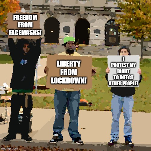 3 Demonstrators Holding Signs | FREEDOM FROM FACEMASKS! LIBERTY FROM LOCKDOWN! I PROTEST MY RIGHT
TO INFECT OTHER PEOPLE! | image tagged in 3 demonstrators holding signs | made w/ Imgflip meme maker
