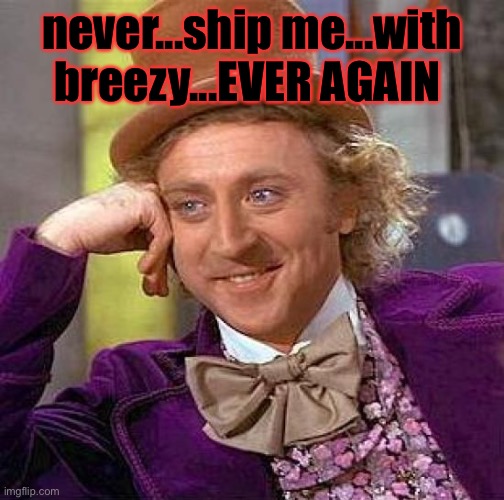 no | never...ship me...with breezy...EVER AGAIN | image tagged in memes,creepy condescending wonka | made w/ Imgflip meme maker