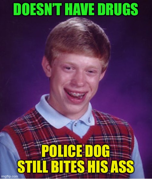 Bad Luck Brian Meme | DOESN’T HAVE DRUGS POLICE DOG STILL BITES HIS ASS | image tagged in memes,bad luck brian | made w/ Imgflip meme maker