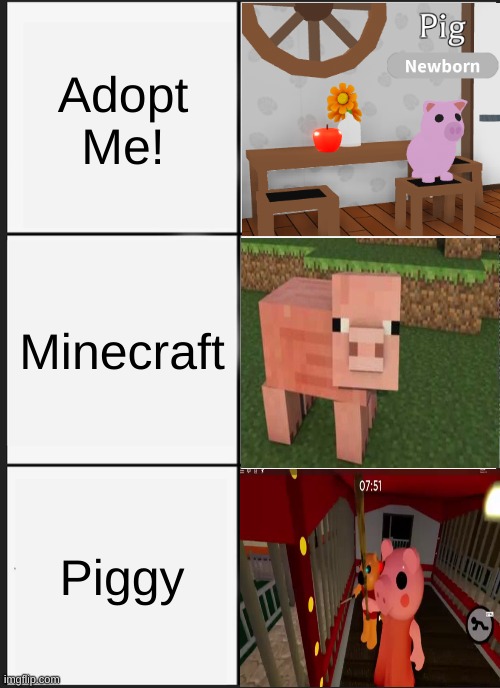 Pigs Across Gaming | Adopt Me! Minecraft; Piggy | image tagged in memes,roblox,minecraft,roblox meme,pigs,pig | made w/ Imgflip meme maker