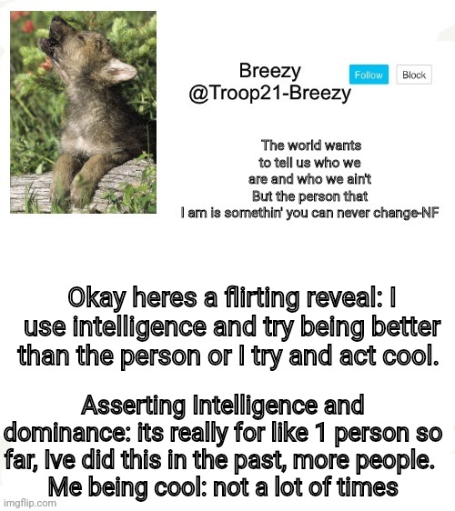 Trooper21-Breezy template | Okay heres a flirting reveal: I use intelligence and try being better than the person or I try and act cool. Asserting Intelligence and dominance: its really for like 1 person so far, Ive did this in the past, more people. 
Me being cool: not a lot of times | image tagged in trooper21-breezy template | made w/ Imgflip meme maker