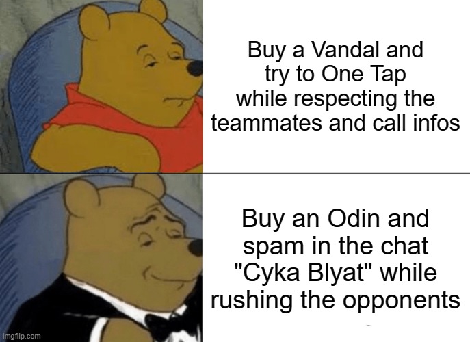 All Knows | Buy a Vandal and try to One Tap while respecting the teammates and call infos; Buy an Odin and spam in the chat "Cyka Blyat" while rushing the opponents | image tagged in memes,tuxedo winnie the pooh | made w/ Imgflip meme maker