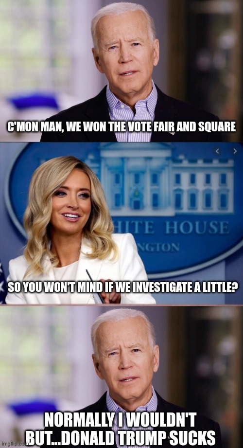 In Today's News | C'MON MAN, WE WON THE VOTE FAIR AND SQUARE; SO YOU WON'T MIND IF WE INVESTIGATE A LITTLE? NORMALLY I WOULDN'T BUT...DONALD TRUMP SUCKS | image tagged in joe biden 2020,kayleigh mcenany,stop the vote | made w/ Imgflip meme maker