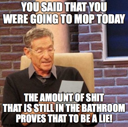 Clean the damn bathroom! | YOU SAID THAT YOU WERE GOING TO MOP TODAY; THE AMOUNT OF SHIT THAT IS STILL IN THE BATHROOM PROVES THAT TO BE A LIE! | image tagged in memes,maury lie detector,mop,bathroom | made w/ Imgflip meme maker