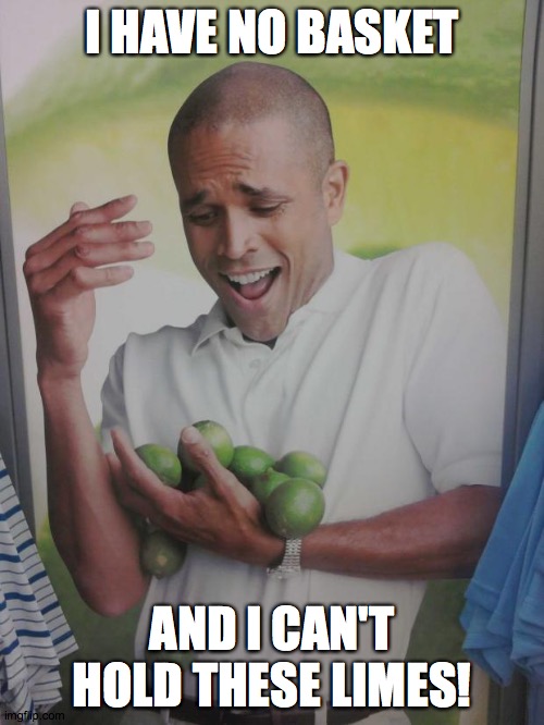 New text, classic image! | I HAVE NO BASKET; AND I CAN'T HOLD THESE LIMES! | image tagged in memes,why can't i hold all these limes | made w/ Imgflip meme maker