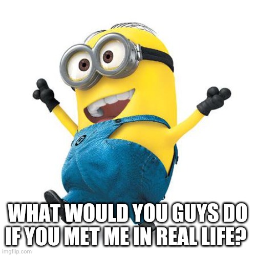 Be Honest | WHAT WOULD YOU GUYS DO IF YOU MET ME IN REAL LIFE? | image tagged in happy minion | made w/ Imgflip meme maker