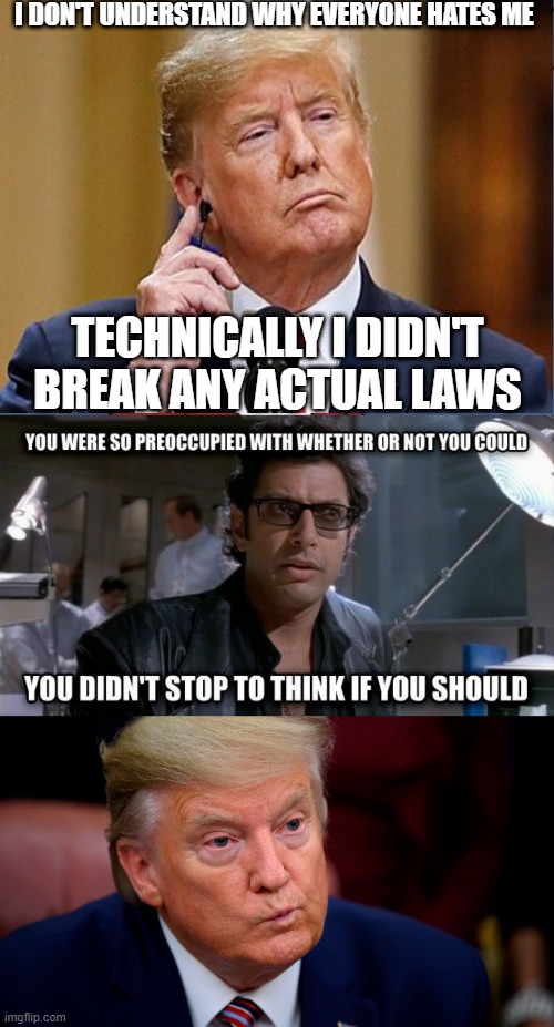 Should > Could |  I DON'T UNDERSTAND WHY EVERYONE HATES ME; TECHNICALLY I DIDN'T BREAK ANY ACTUAL LAWS | image tagged in memes,donald trump,jurassic park,jeff goldblum | made w/ Imgflip meme maker