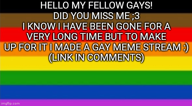 For the gays and the galls ?️‍? | HELLO MY FELLOW GAYS!
DID YOU MISS ME ;3
I KNOW I HAVE BEEN GONE FOR A VERY LONG TIME BUT TO MAKE UP FOR IT I MADE A GAY MEME STREAM :)
(LINK IN COMMENTS) | image tagged in gay pride | made w/ Imgflip meme maker