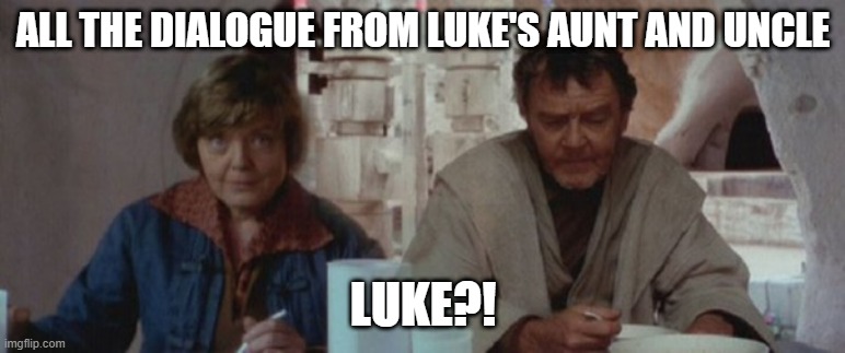 LUKE?! | ALL THE DIALOGUE FROM LUKE'S AUNT AND UNCLE; LUKE?! | image tagged in memes | made w/ Imgflip meme maker