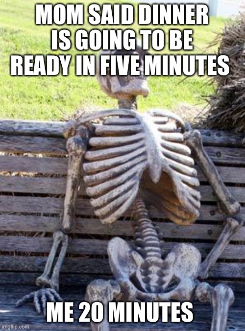 Is it ready yet? | MOM SAID DINNER IS GOING TO BE READY IN FIVE MINUTES; ME 20 MINUTES LATER | image tagged in memes,waiting skeleton | made w/ Imgflip meme maker