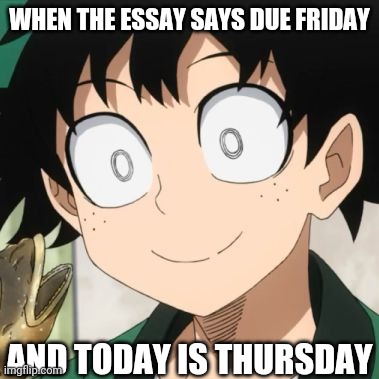Triggered Deku | WHEN THE ESSAY SAYS DUE FRIDAY; AND TODAY IS THURSDAY | image tagged in triggered deku | made w/ Imgflip meme maker