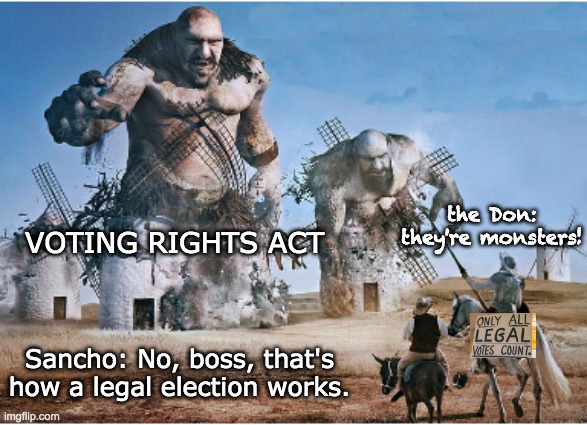 Riding the wrong horse | VOTING RIGHTS ACT; the Don: they're monsters! Sancho: No, boss, that's how a legal election works. | image tagged in what you see is what you get | made w/ Imgflip meme maker