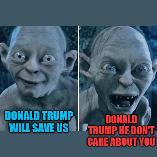 Gollum good/bad | DONALD TRUMP HE DON'T CARE ABOUT YOU; DONALD TRUMP WILL SAVE US | image tagged in gollum good/bad | made w/ Imgflip meme maker