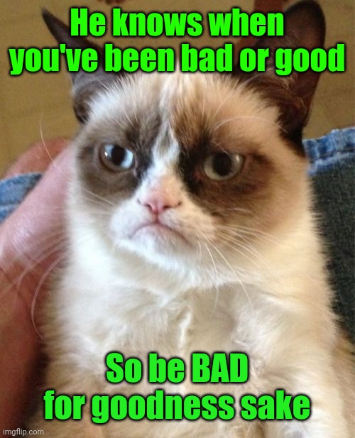 Grumpy Cat Meme | He knows when you've been bad or good So be BAD for goodness sake | image tagged in memes,grumpy cat | made w/ Imgflip meme maker