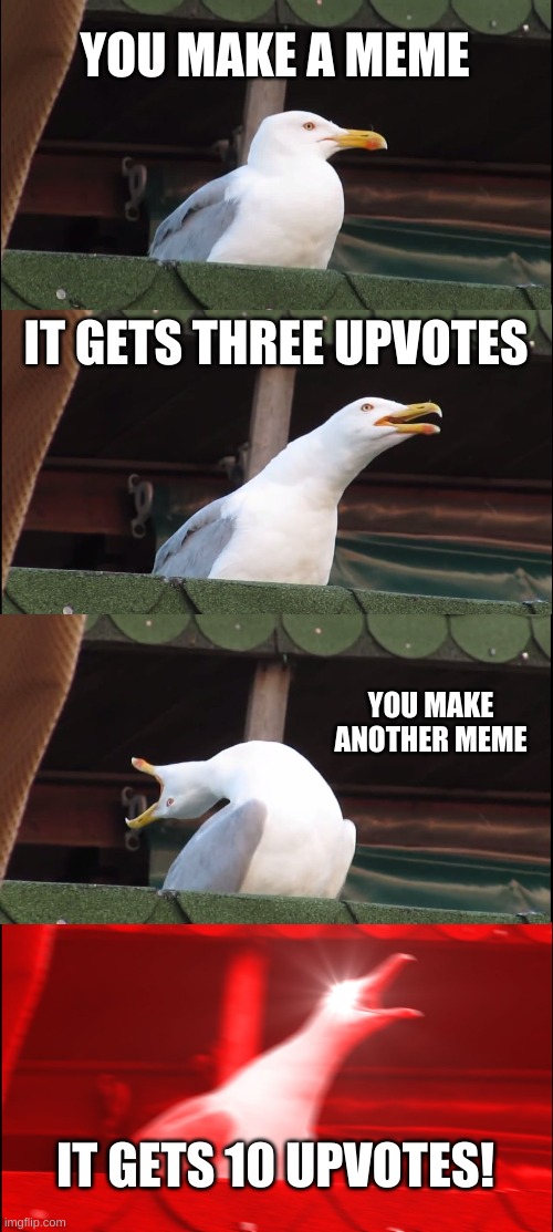 My first meme | YOU MAKE A MEME; IT GETS THREE UPVOTES; YOU MAKE ANOTHER MEME; IT GETS 10 UPVOTES! | image tagged in memes,inhaling seagull | made w/ Imgflip meme maker