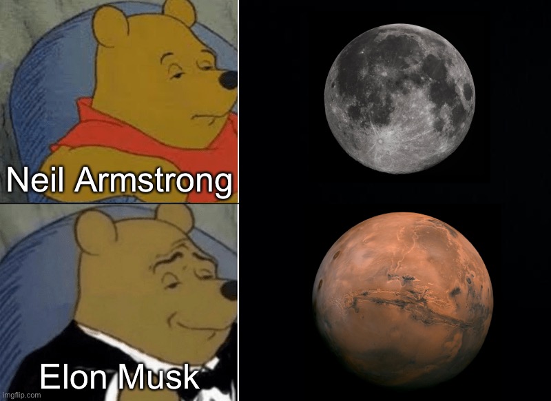 Musk vs. Armstrong | Neil Armstrong; Elon Musk | image tagged in elon musk,neil armstrong,mars,astronomy,funny memes,tuxedo winnie the pooh | made w/ Imgflip meme maker