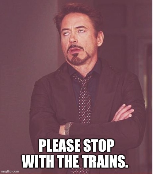 Face You Make Robert Downey Jr Meme | PLEASE STOP WITH THE TRAINS. | image tagged in memes,face you make robert downey jr | made w/ Imgflip meme maker