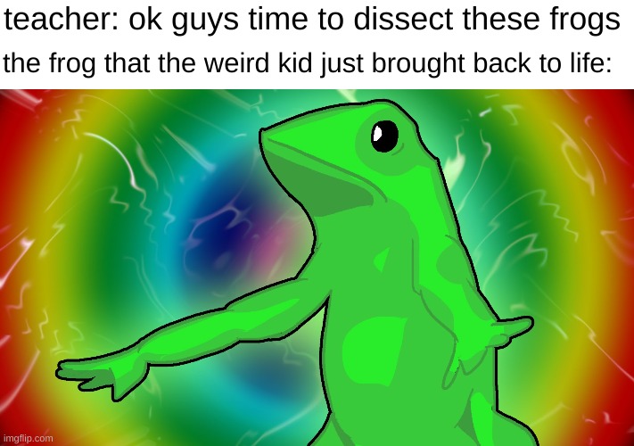 welcome back my guy |  teacher: ok guys time to dissect these frogs; the frog that the weird kid just brought back to life: | image tagged in trippy dat boi,frog | made w/ Imgflip meme maker
