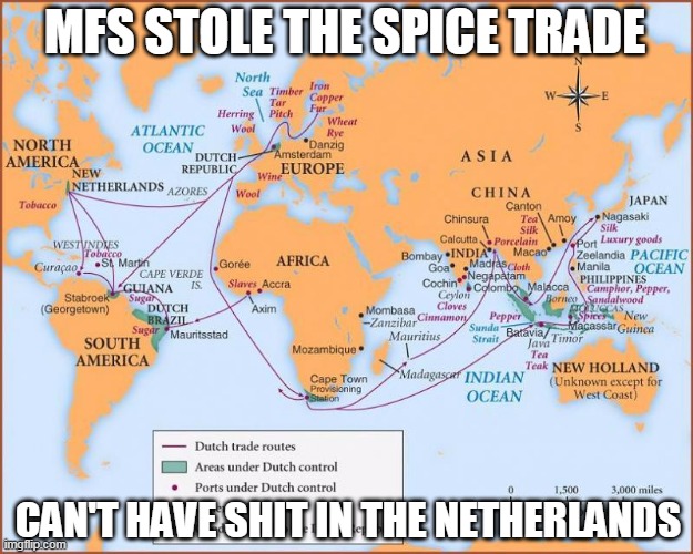 MFS STOLE THE SPICE TRADE; CAN'T HAVE SHIT IN THE NETHERLANDS | image tagged in historical meme,netherlands | made w/ Imgflip meme maker