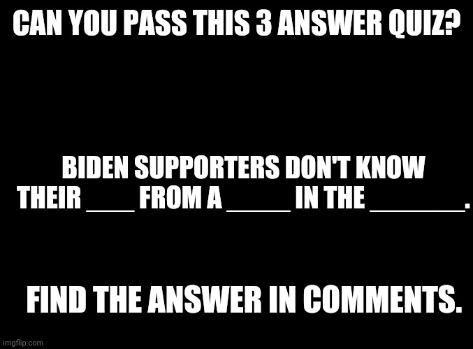 The answer will amaze you!! | CAN YOU PASS THIS 3 ANSWER QUIZ? BIDEN SUPPORTERS DON'T KNOW THEIR ___ FROM A ____ IN THE ______. FIND THE ANSWER IN COMMENTS. | image tagged in blank black | made w/ Imgflip meme maker