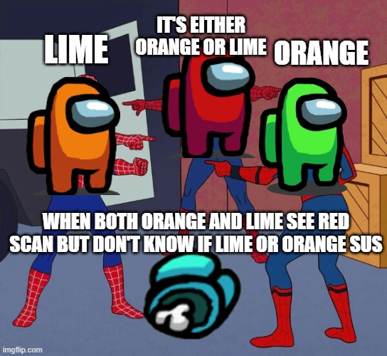 Spider Man Triple | IT'S EITHER ORANGE OR LIME; LIME; ORANGE; WHEN BOTH ORANGE AND LIME SEE RED SCAN BUT DON'T KNOW IF LIME OR ORANGE SUS | image tagged in spider man triple | made w/ Imgflip meme maker