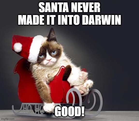 Grumpy Cat Christmas HD | SANTA NEVER MADE IT INTO DARWIN; GOOD! | image tagged in grumpy cat christmas hd,memes,funny,cats,grumpy cat,christmas songs | made w/ Imgflip meme maker