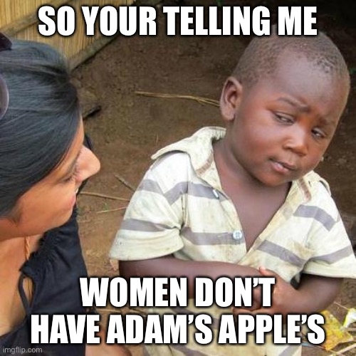 Third World Skeptical Kid Meme | SO YOUR TELLING ME; WOMEN DON’T HAVE ADAM’S APPLE’S | image tagged in memes,third world skeptical kid | made w/ Imgflip meme maker