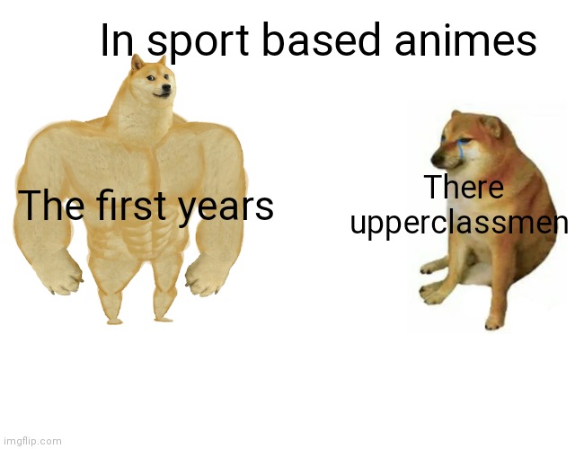 I mean- | In sport based animes; There upperclassmen; The first years | image tagged in memes,buff doge vs cheems,sports,anime | made w/ Imgflip meme maker
