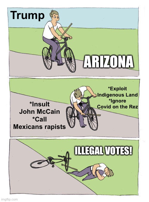 Trump’s Fail and Persecution Complex | Trump; ARIZONA; *Exploit Indigenous Land
*Ignore Covid on the Rez; *Insult John McCain
*Call Mexicans rapists; ILLEGAL VOTES! | image tagged in memes,bike fall,trump,arizona,2020 elections | made w/ Imgflip meme maker