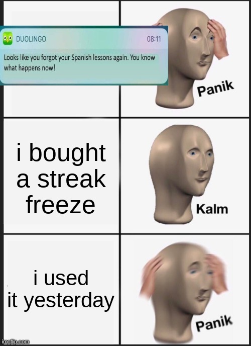 panik! | i bought a streak freeze; i used it yesterday | image tagged in memes,panik kalm panik,duolingo | made w/ Imgflip meme maker