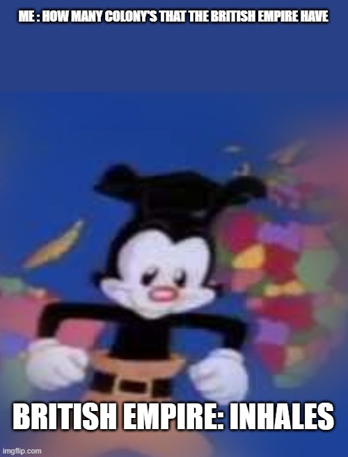 yakko | ME : HOW MANY COLONY'S THAT THE BRITISH EMPIRE HAVE; BRITISH EMPIRE: INHALES | image tagged in yakko | made w/ Imgflip meme maker