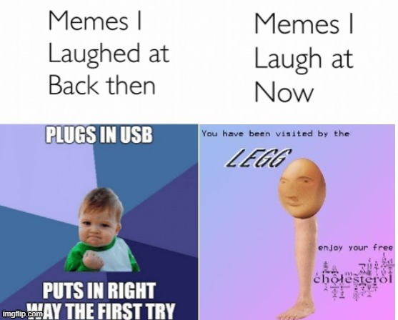 Memes I laughed at then vs memes I laugh at now | image tagged in memes i laughed at then vs memes i laugh at now,l e g g | made w/ Imgflip meme maker